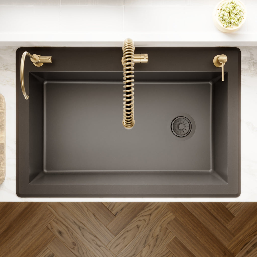 33" Top Mount Large Single Bowl Quartz Composite Kitchen Sink Kit In Black