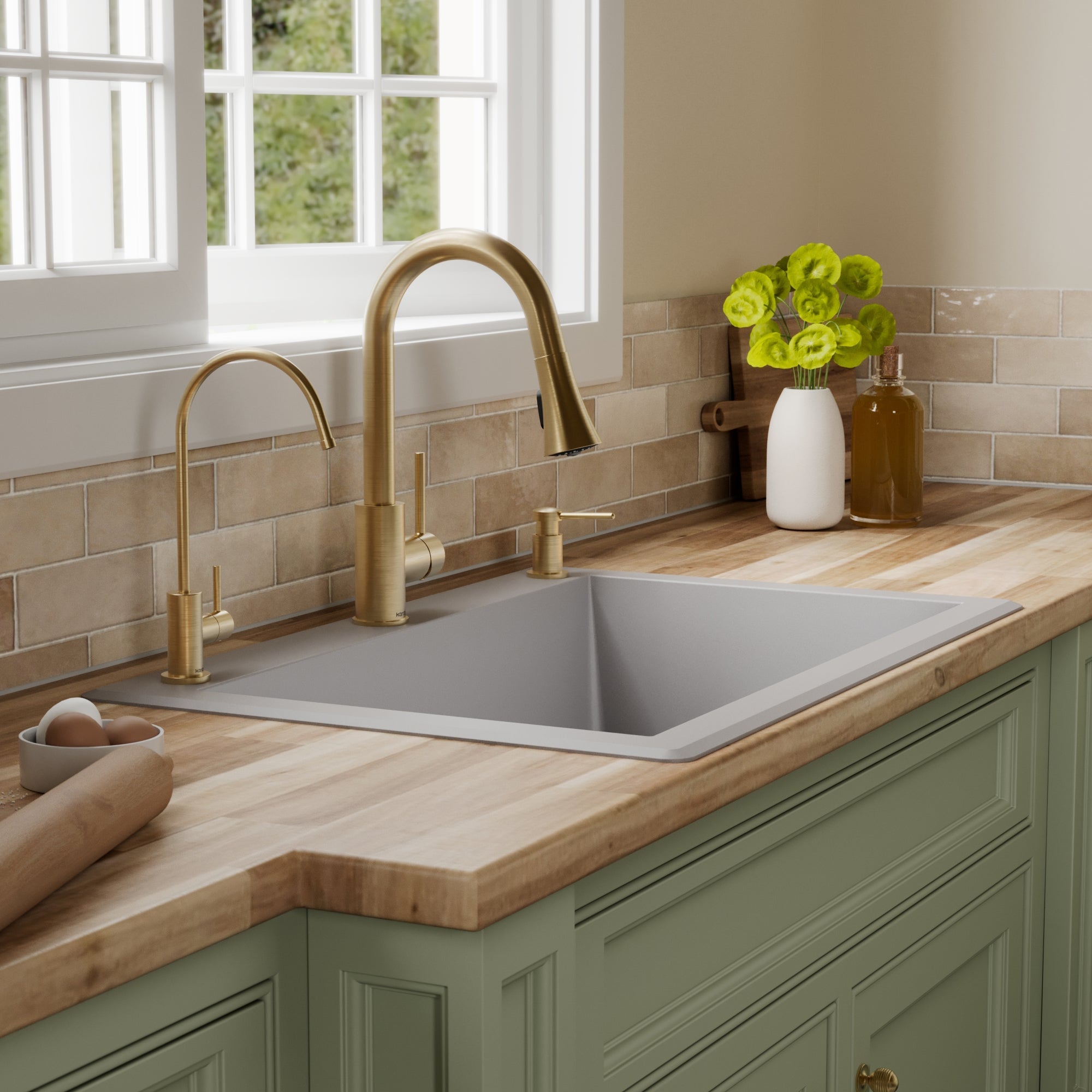 33" Top Mount Large Single Bowl Quartz Composite Kitchen Sink Kit In Grey