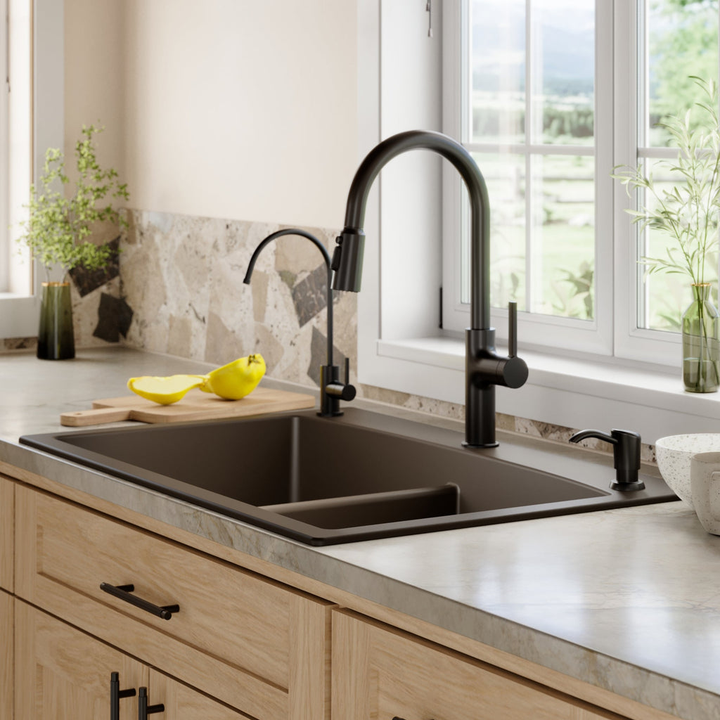 33" Top Mount Double Equal Bowl Quartz Composite Kitchen Sink Kit In Brown