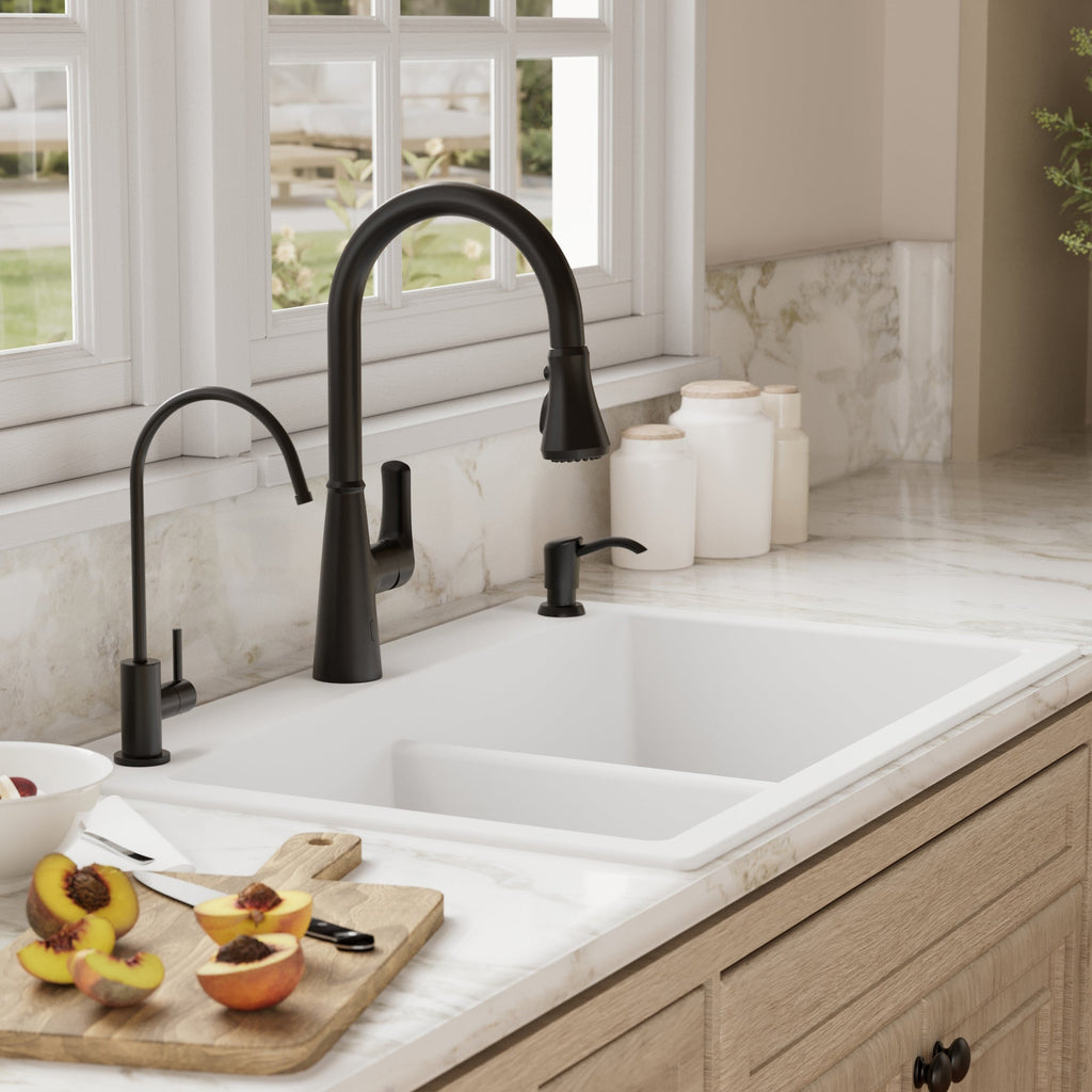 33" Top Mount Double Equal Bowl Quartz Composite Kitchen Sink Kit In White