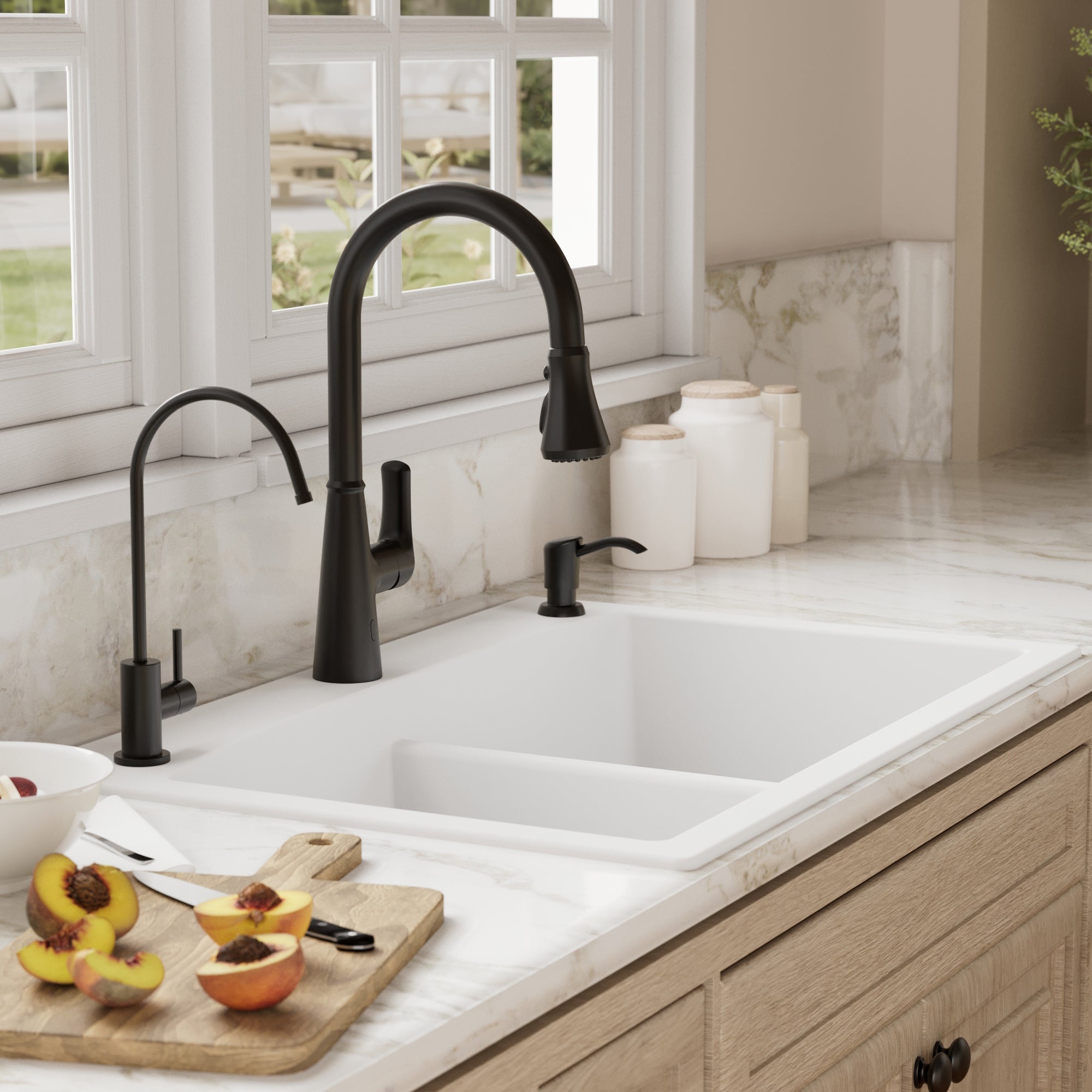 33" Top Mount Double Equal Bowl Quartz Composite Kitchen Sink Kit In White