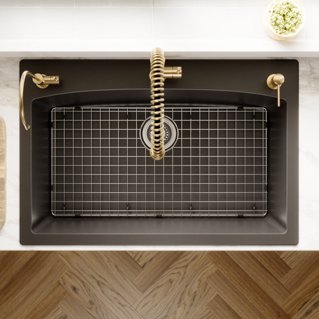 33" Top Mount Large Single Bowl Quartz Composite Kitchen Sink Kit In Black