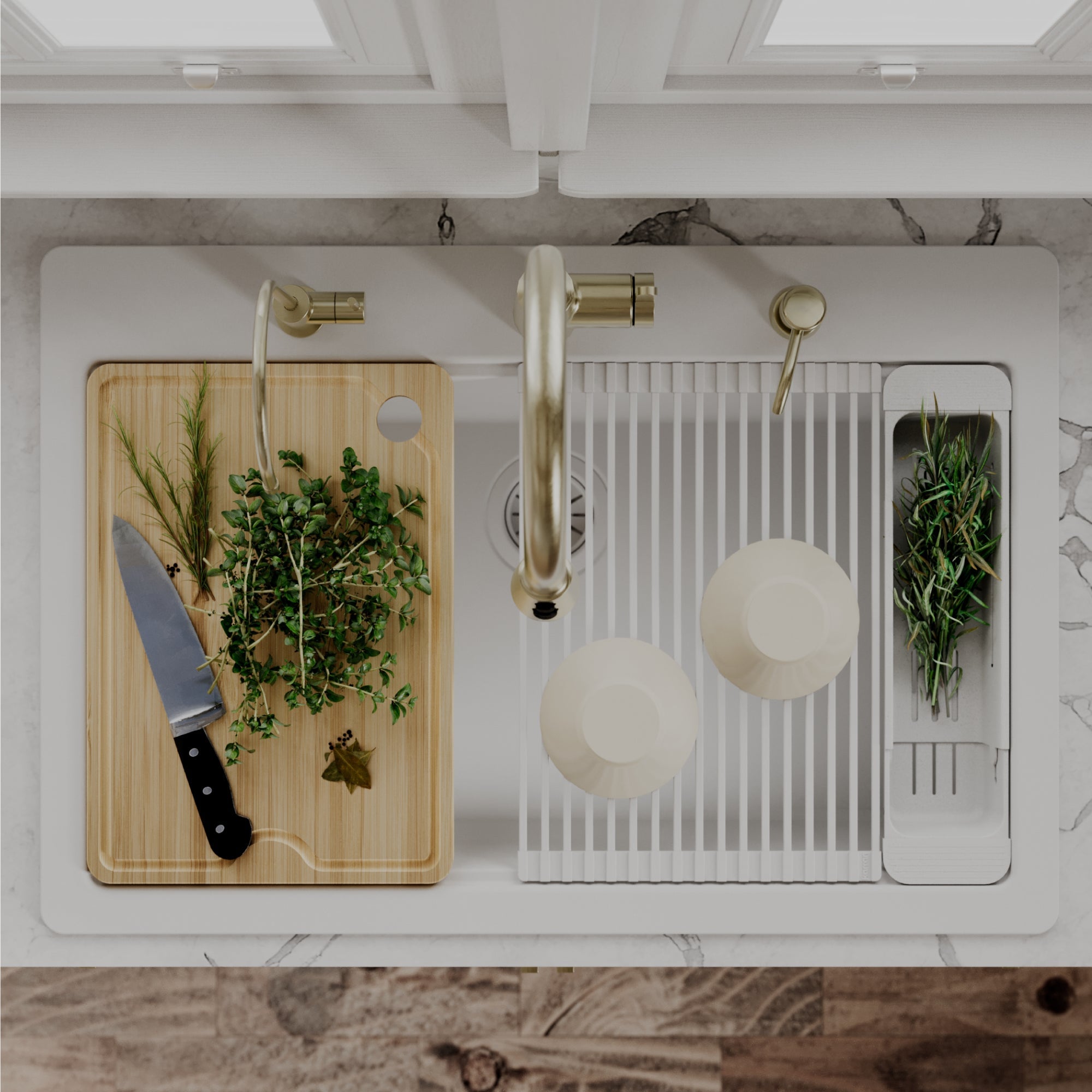 33" Top Mount Single Bowl Quartz Kitchen Sink Kit In White