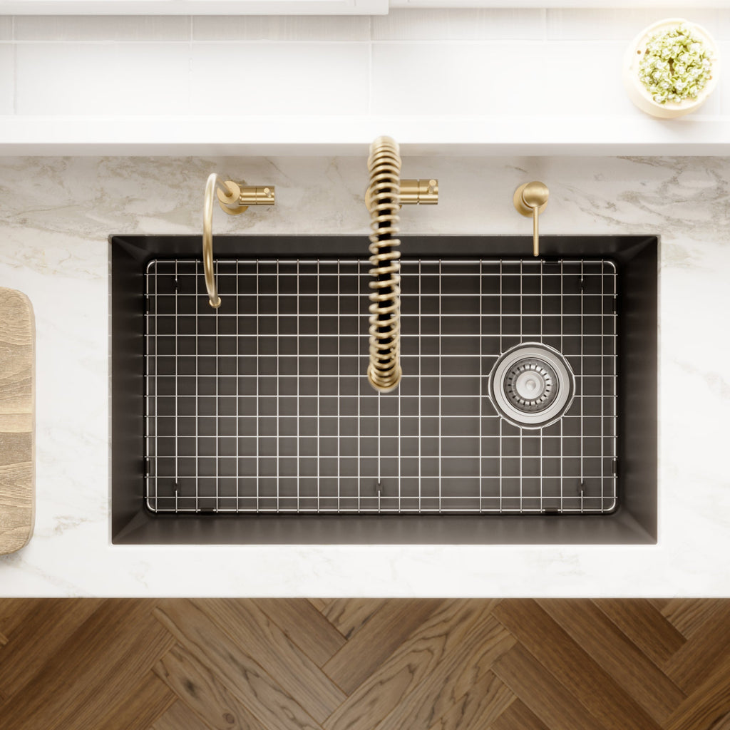 31-5/8" Undermount Large Single Bowl Quartz Composite Kitchen Sink Kit In Black