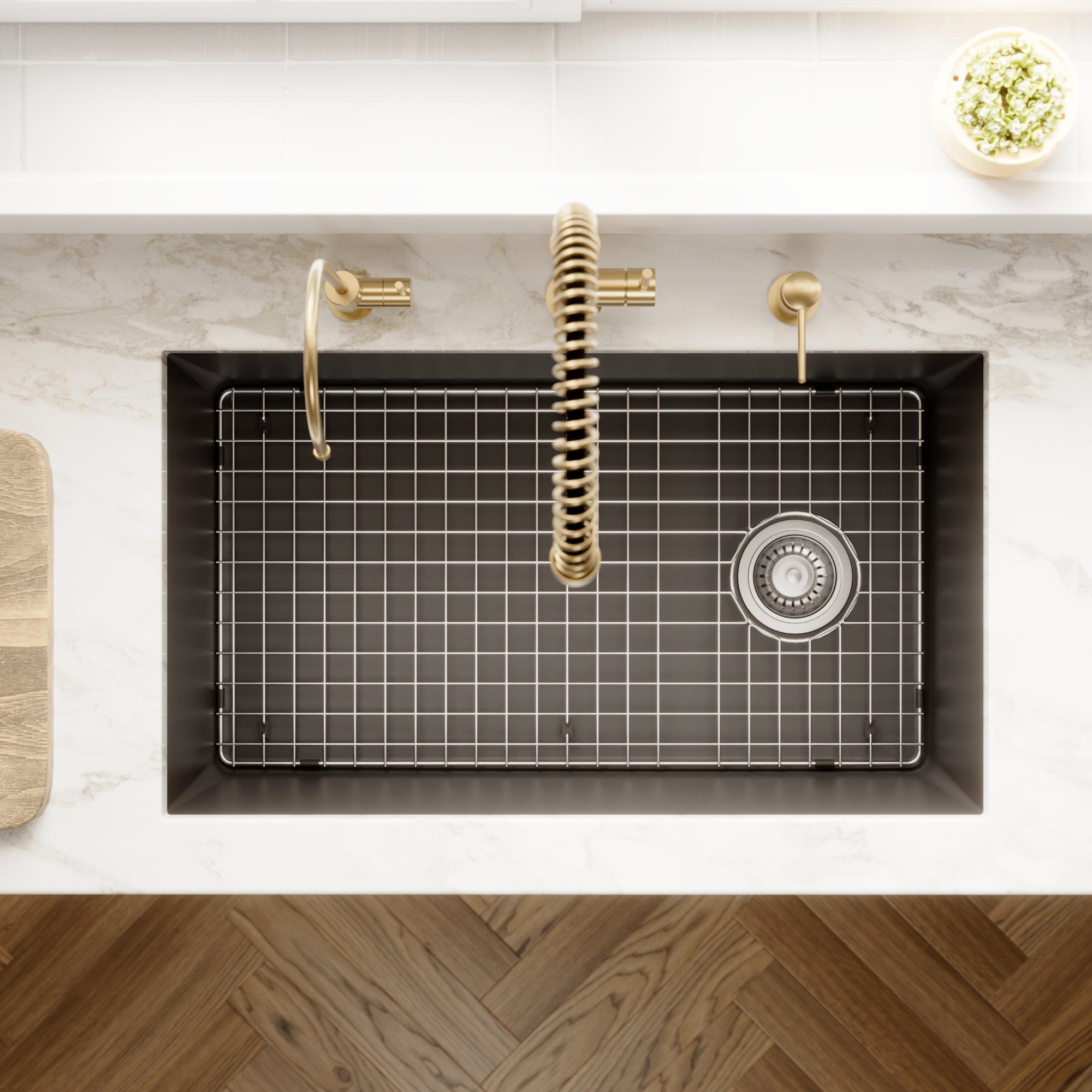 31-5/8" Undermount Large Single Bowl Quartz Composite Kitchen Sink Kit In Black