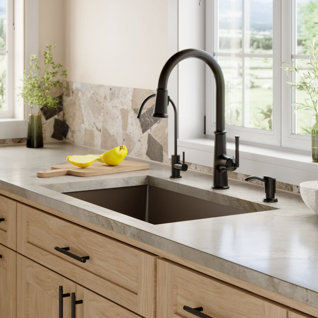 31-5/8" Undermount Large Single Bowl Quartz Composite Kitchen Sink Kit In Brown