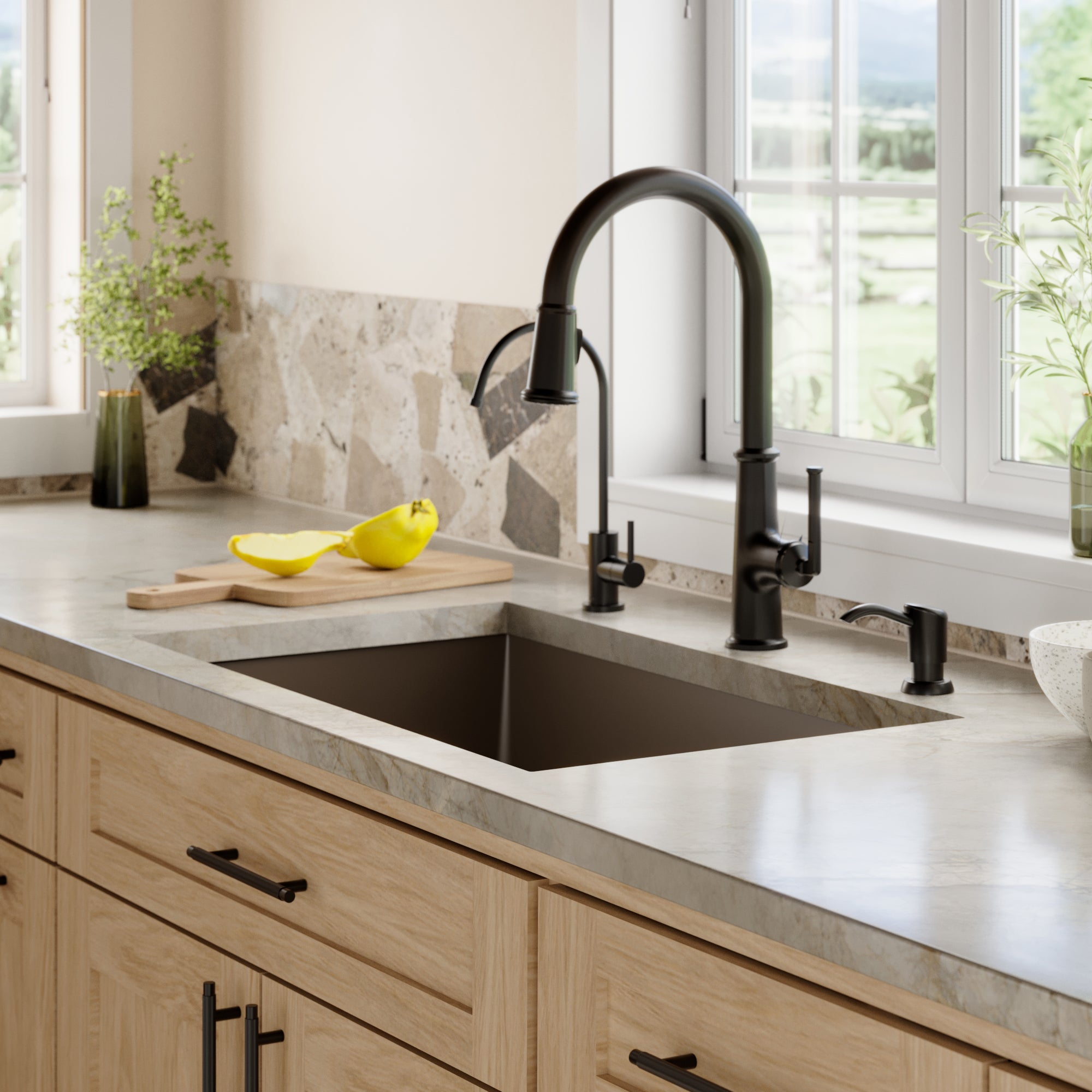 31-5/8" Undermount Large Single Bowl Quartz Composite Kitchen Sink Kit In Brown