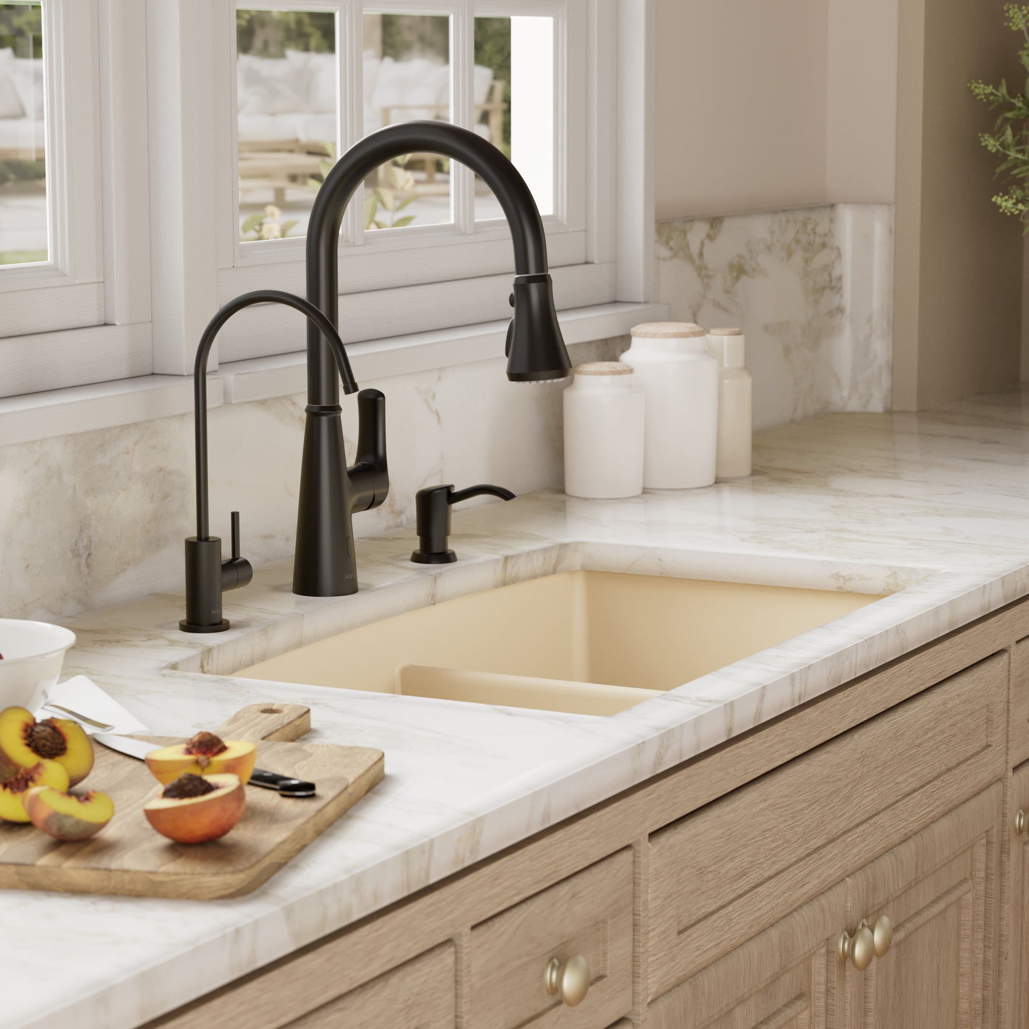 32-1/2" Undermount Double Offset Bowl Quartz Composite Kitchen Sink Kit In Bisque