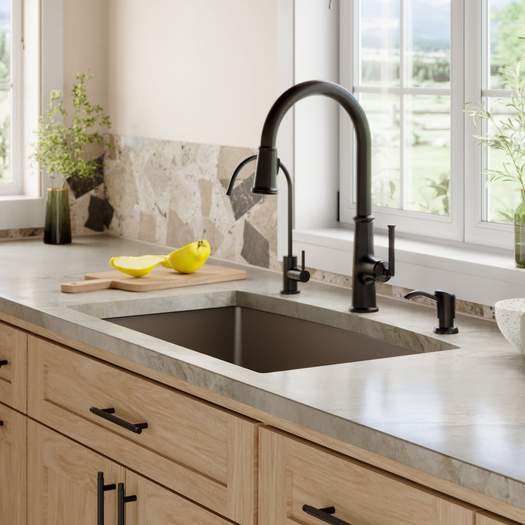 32-1/2" Undermount Double Offset Bowl Quartz Composite Kitchen Sink Kit In Brown