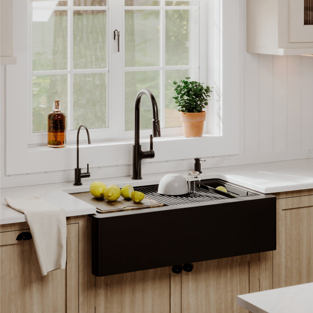34" Deep Apron Front Single Bowl Quartz Kitchen Sink Kit In Black