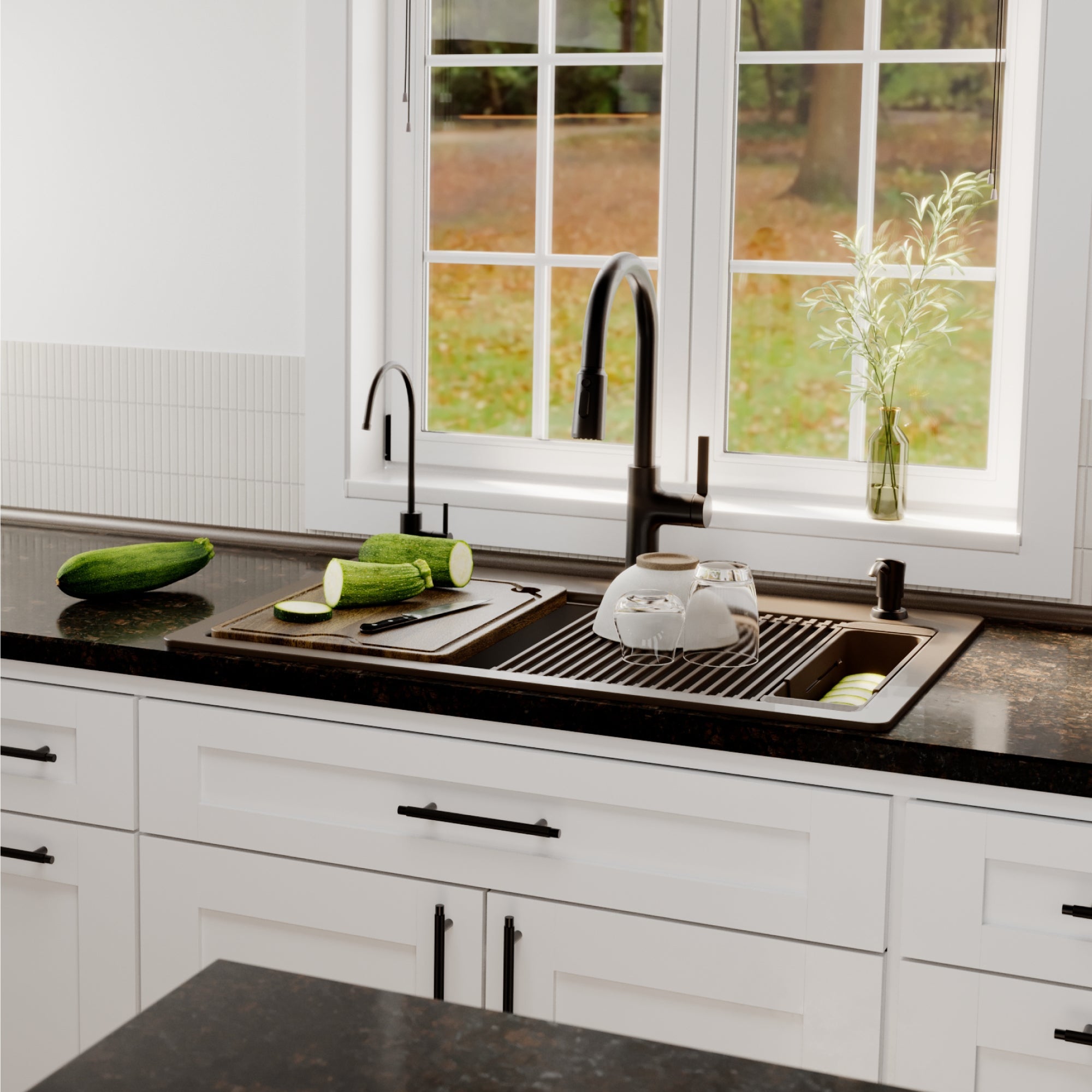 33" Top Mount Single Bowl Quartz Kitchen Sink Kit In Brown
