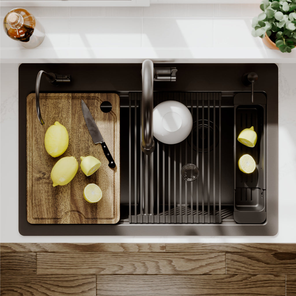 33" Top Mount Double Bowl Quartz Kitchen Sink Kit In Black