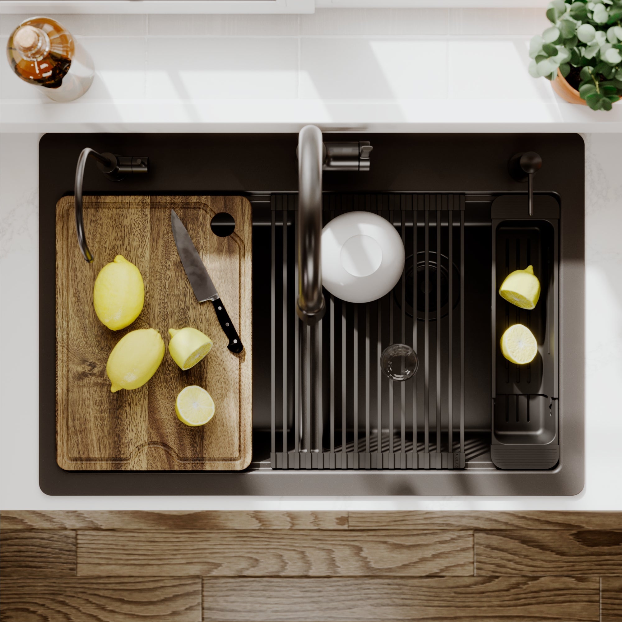 33" Top Mount Double Bowl Quartz Kitchen Sink Kit In Black