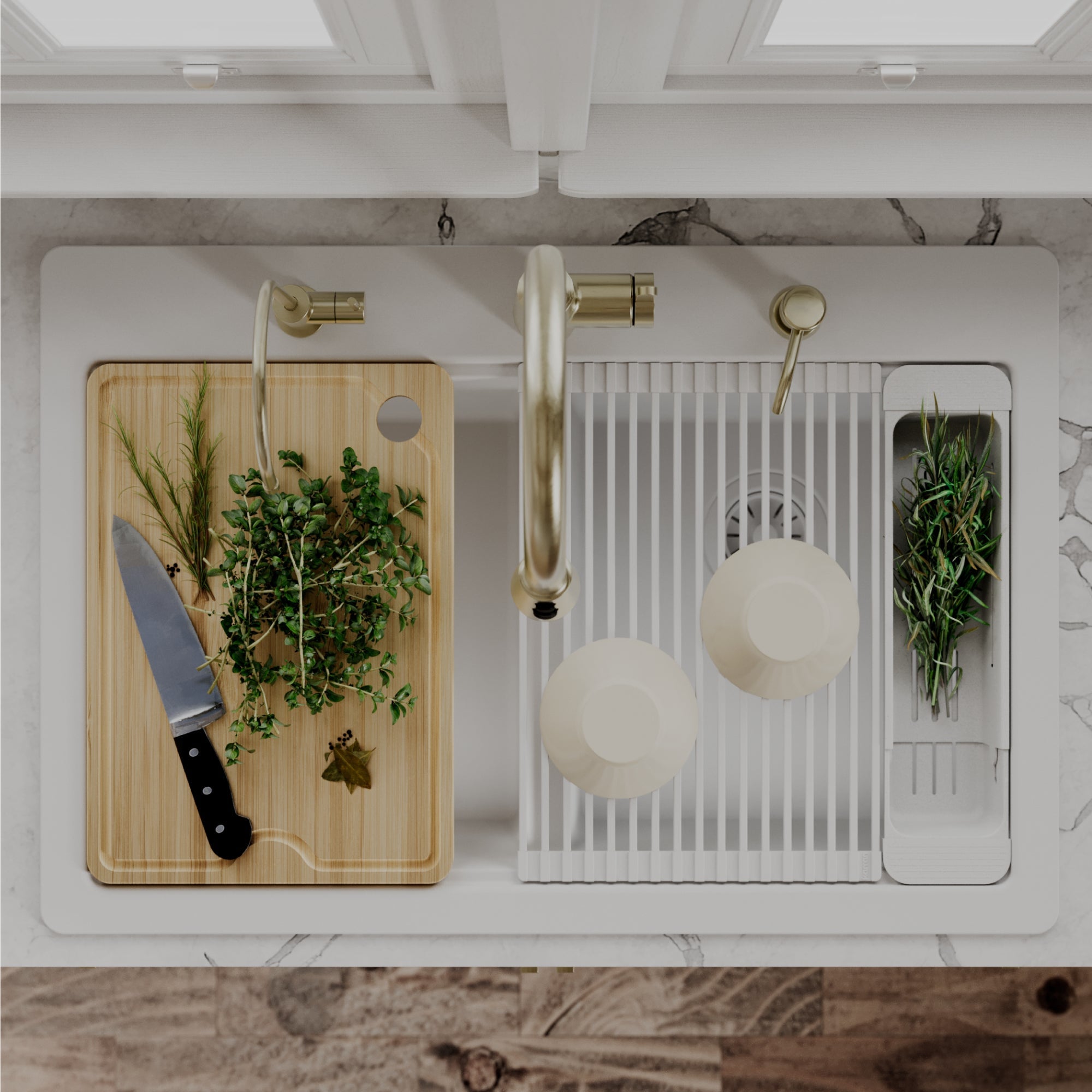 33" Top Mount Double Bowl Quartz Kitchen Sink Kit In White