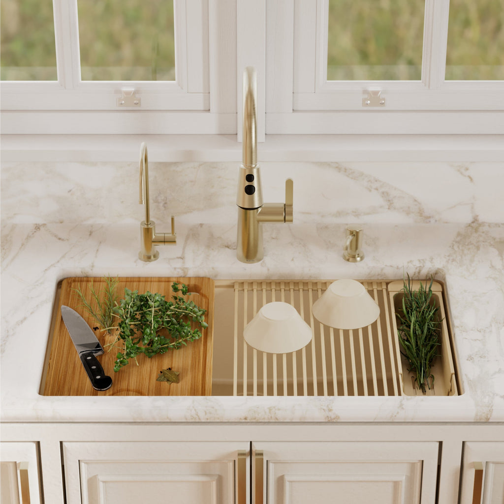 32" Undermount Single Bowl Quartz Kitchen Sink Kit In Bisque