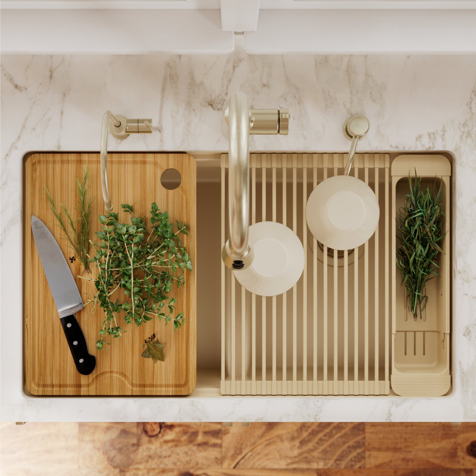 32" Undermount Double Bowl Quartz Kitchen Sink Kit In Bisque