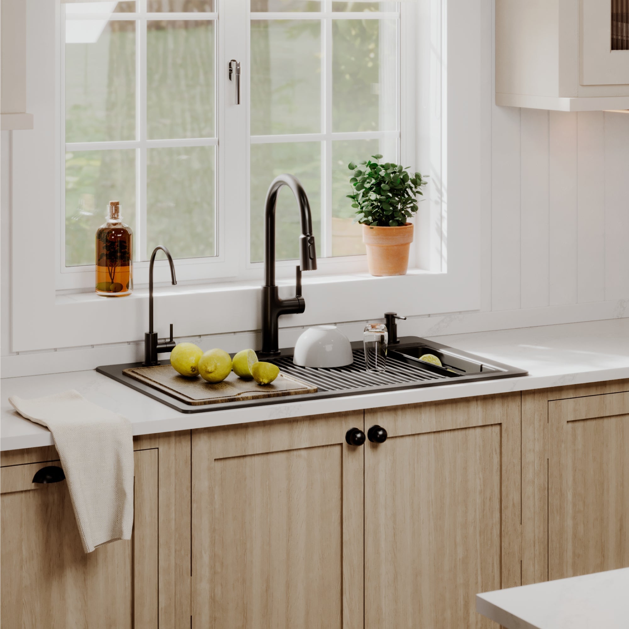 33" Top Mount Double Bowl Quartz Kitchen Sink Kit In Black