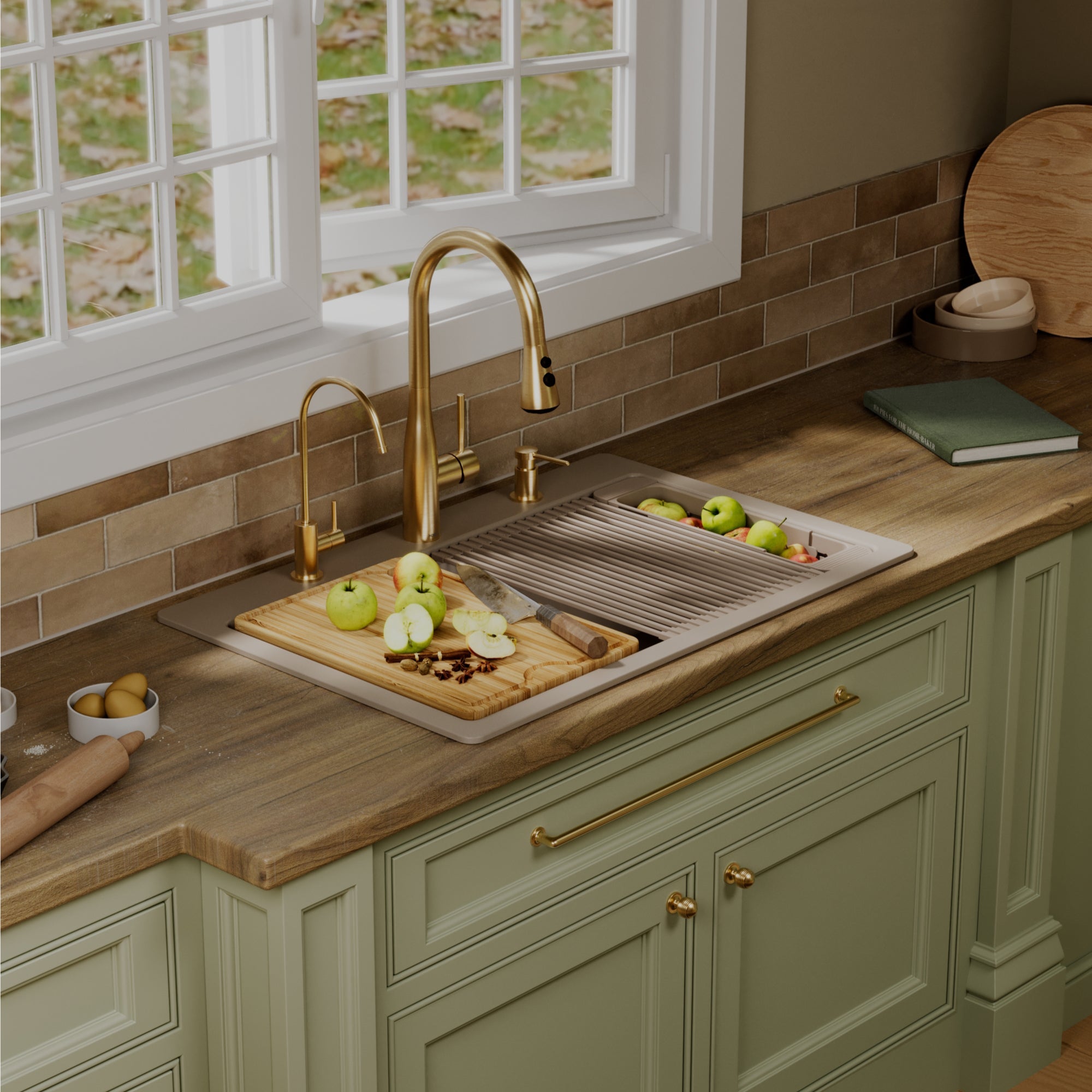 33" Top Mount Double Bowl Quartz Kitchen Sink Kit In Concrete