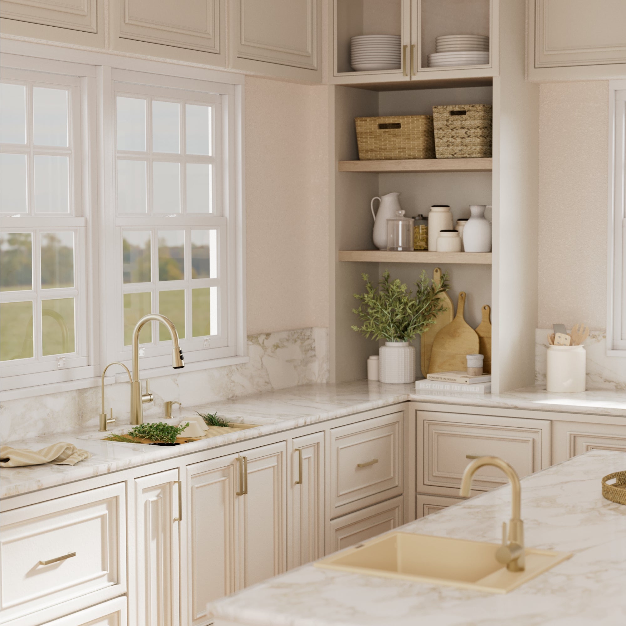 32" Undermount Double Bowl Quartz Kitchen Sink Kit In Bisque
