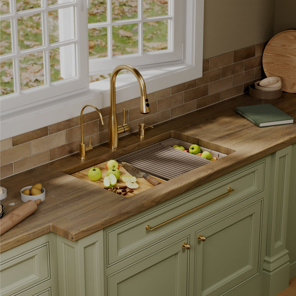 32" Undermount Double Bowl Quartz Kitchen Sink Kit In Concrete