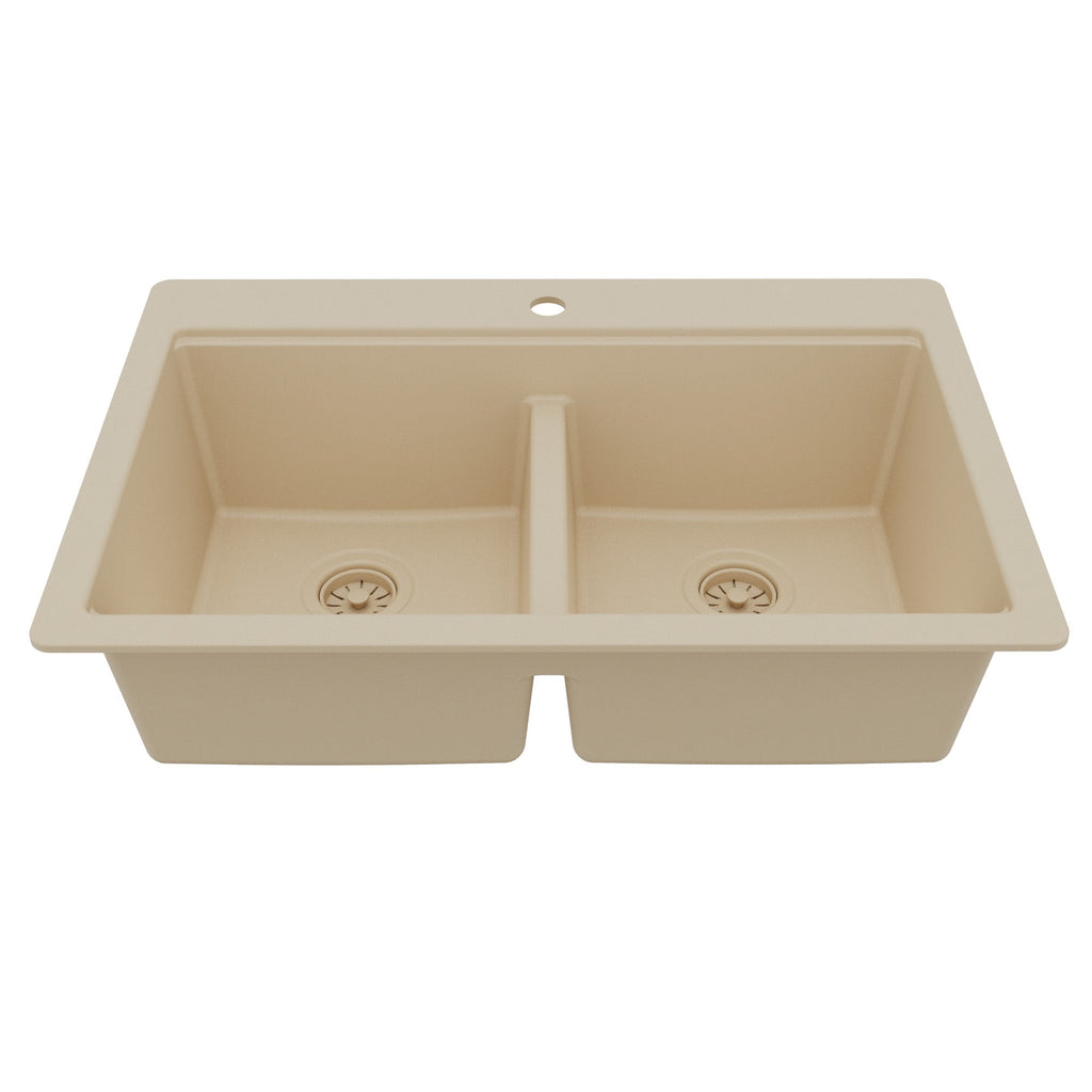 33" Top Mount Double Bowl Quartz Kitchen Sink Kit In Bisque
