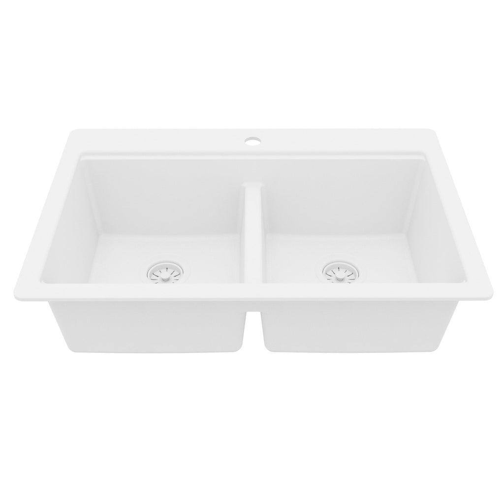 33" Top Mount Double Bowl Quartz Kitchen Sink Kit In White