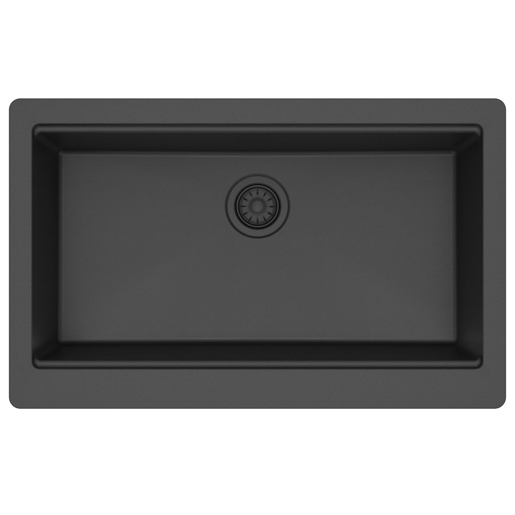 34" Deep Apron Front Single Bowl Quartz Kitchen Sink Kit In Black