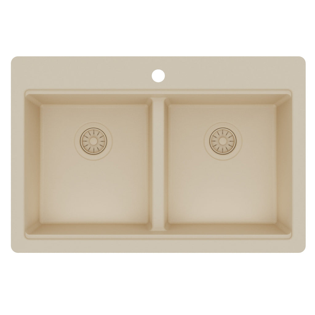 33" Top Mount Double Bowl Quartz Kitchen Sink Kit In Bisque