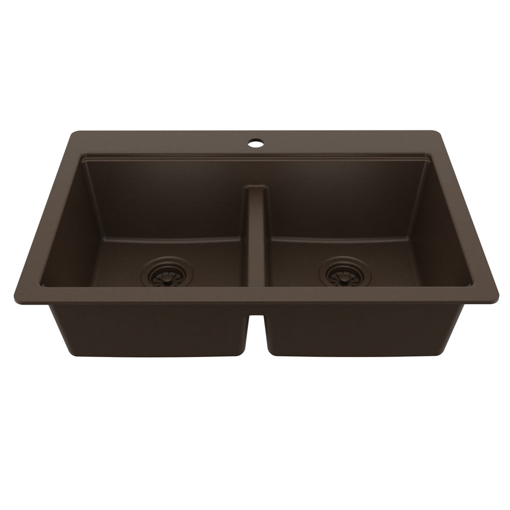 33" Top Mount Double Bowl Quartz Kitchen Sink Kit In Brown
