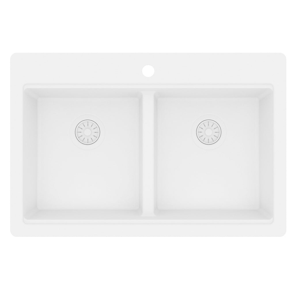 33" Top Mount Double Bowl Quartz Kitchen Sink Kit In White