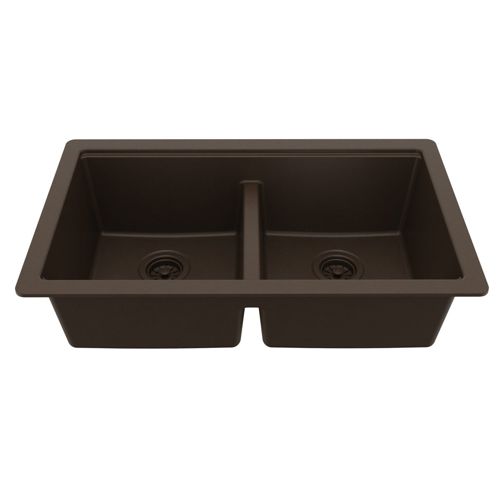 32" Undermount Double Bowl Quartz Kitchen Sink Kit In Brown