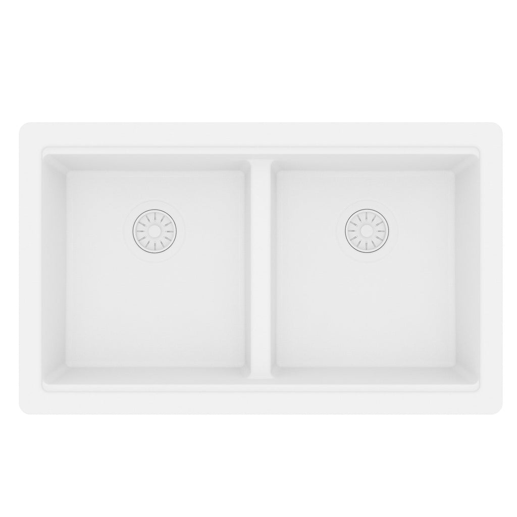 32" Undermount Double Bowl Quartz Kitchen Sink Kit In White