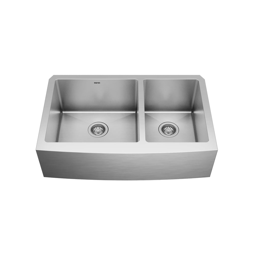 Elite 33" Apron Front 16 Gauge Double Offset Bowl Stainless Steel Kitchen Sink with Accessories
