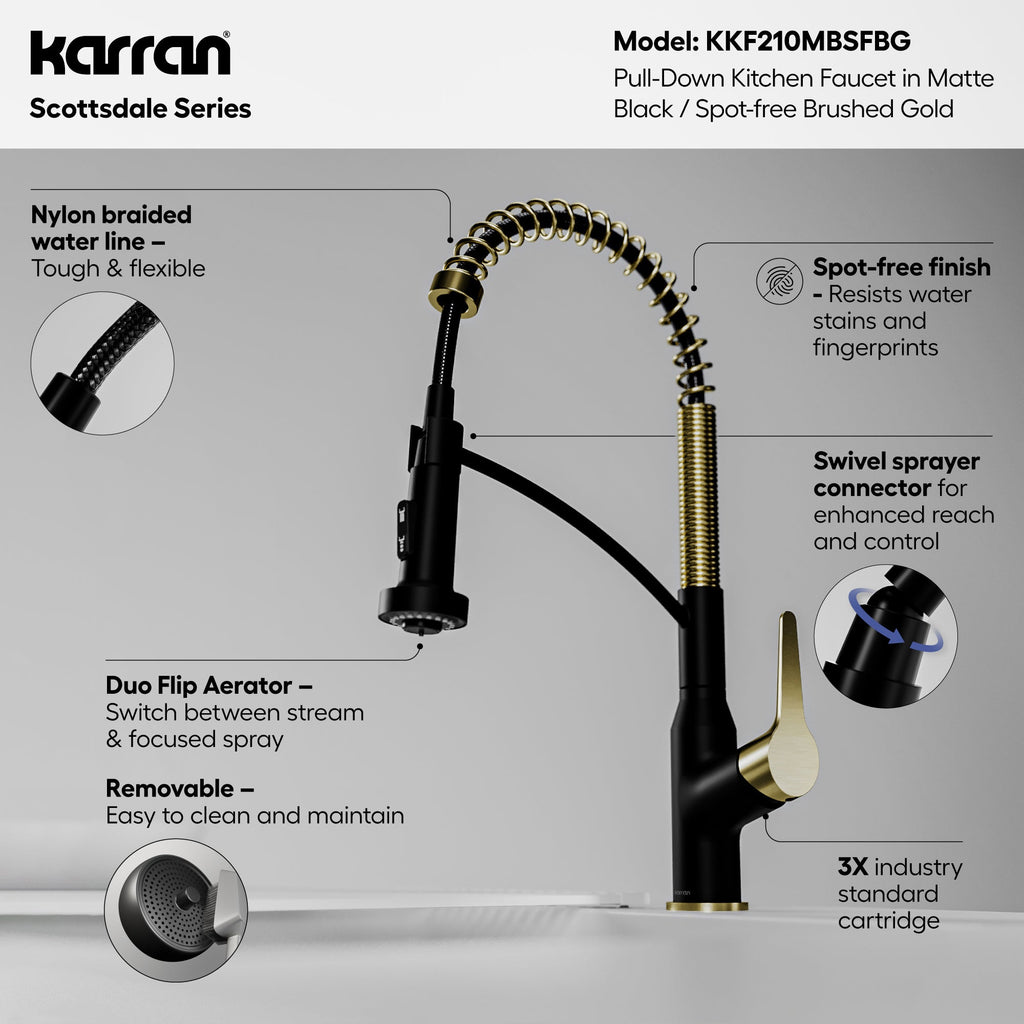Scottsdale Single Handle Pull-Down Sprayer Commercial Style Kitchen Faucet In Matte Black / Spot-Free Brushed Gold