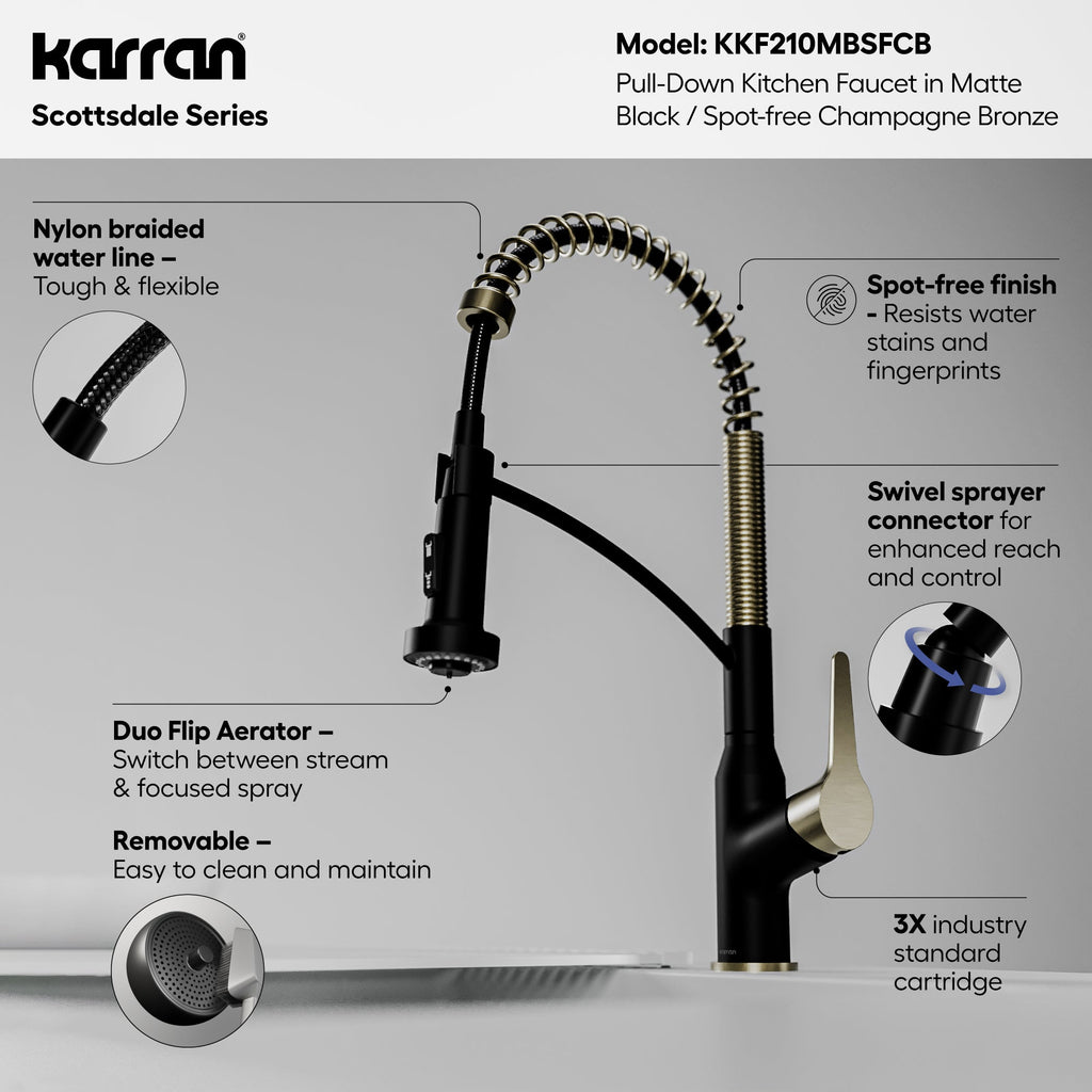 Scottsdale Single Handle Pull-Down Sprayer Commercial Style Kitchen Faucet In Matte Black / Spot-Free Champagne Bronze