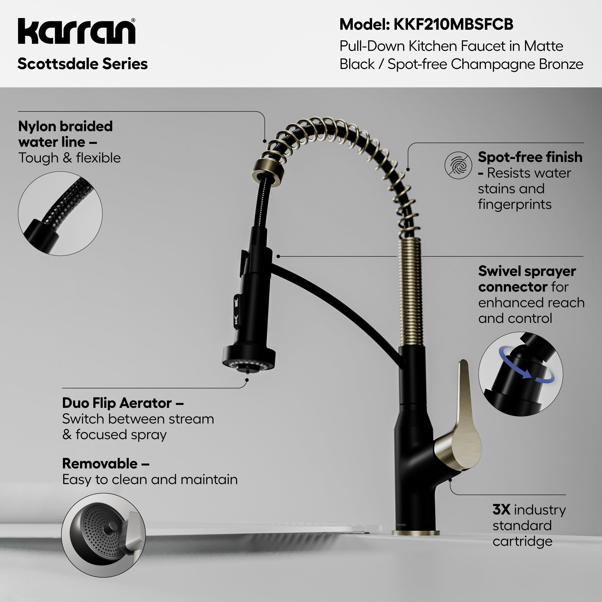 Scottsdale Single Handle Pull-Down Sprayer Commercial Style Kitchen Faucet In Matte Black / Spot-Free Champagne Bronze