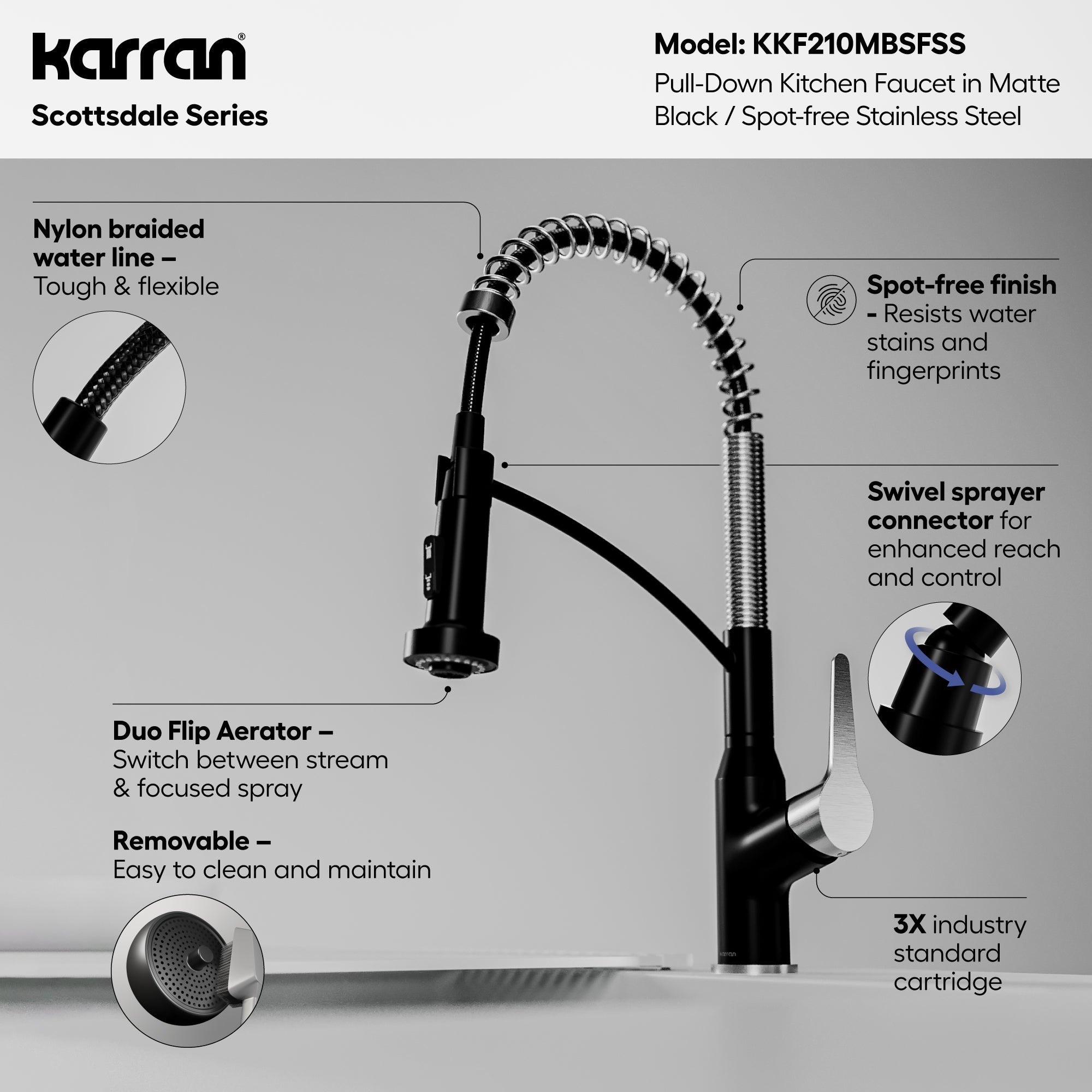 Scottsdale Single Handle Pull-Down Sprayer Commercial Style Kitchen Faucet In Matte Black / Spot-Free Stainless Steel