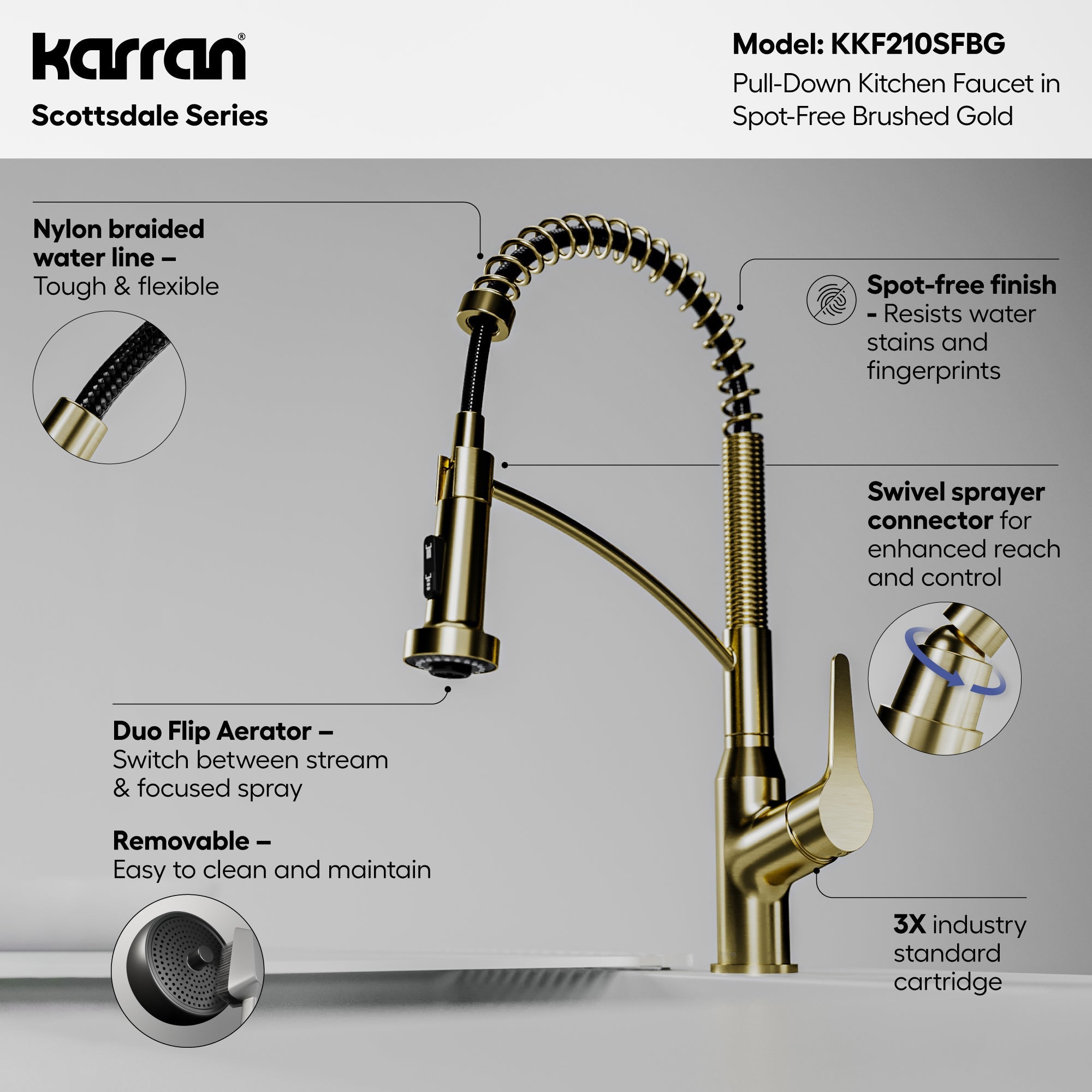 Scottsdale Single Handle Pull-Down Sprayer Commercial Style Kitchen Faucet In Spot-Free Brushed Gold