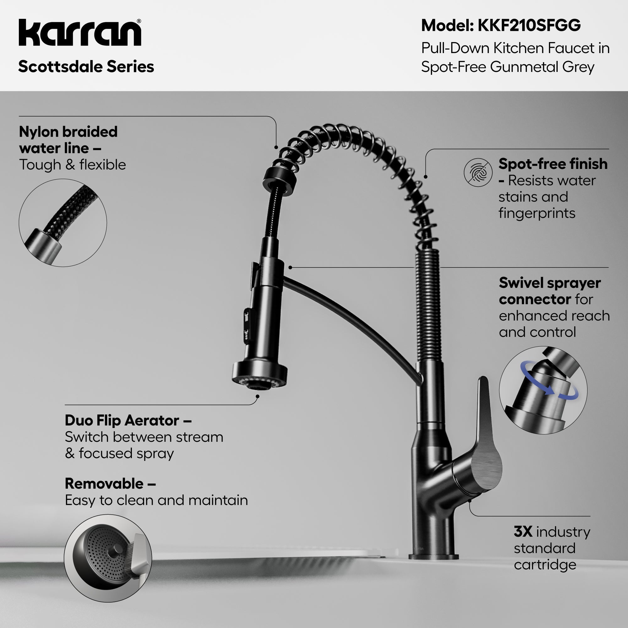 Scottsdale Single Handle Pull-Down Sprayer Commercial Style Kitchen Faucet In Spot-Free Gunmetal Grey
