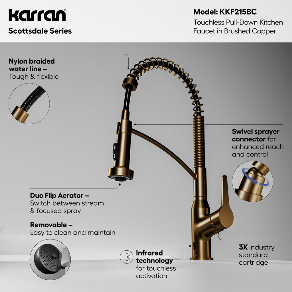 Scottsdale Single Handle Pull-Down Sprayer Touchless Kitchen Faucet In Brushed Copper