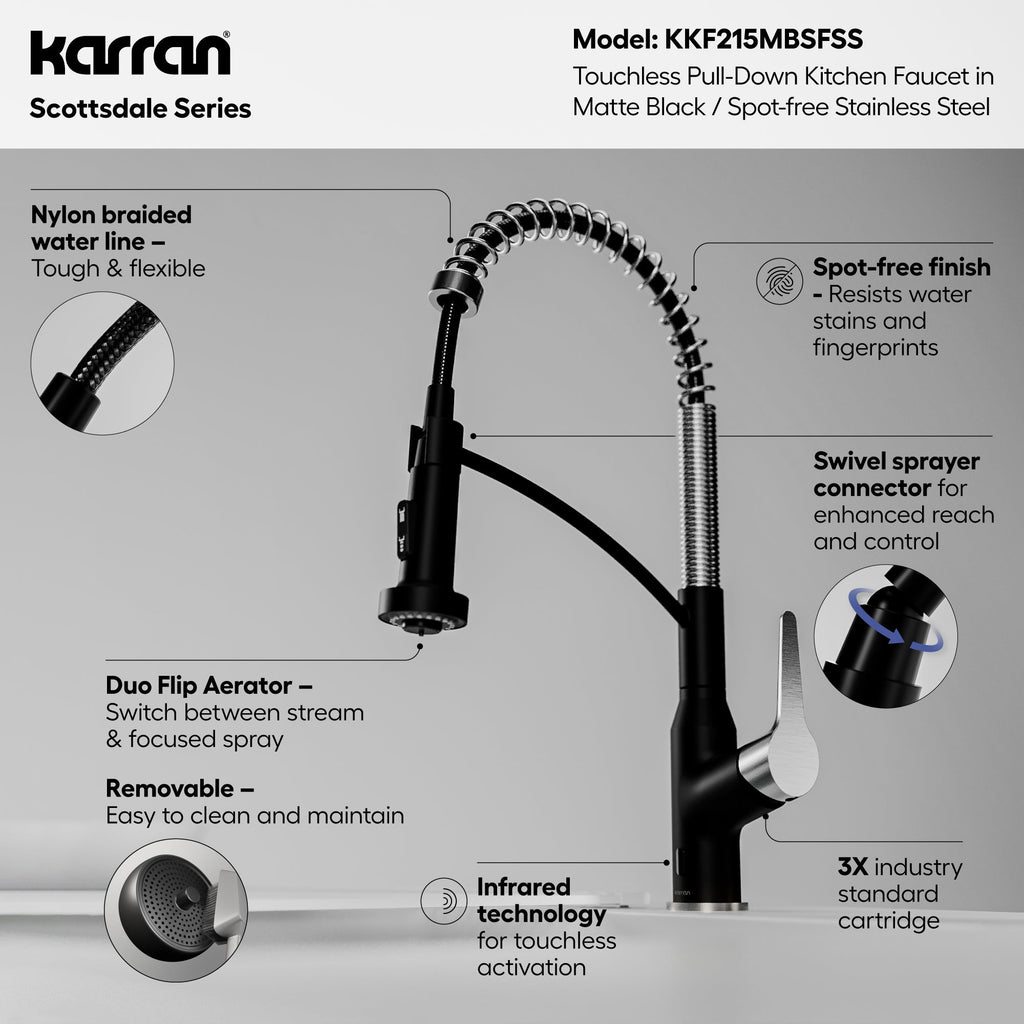 Scottsdale Single Handle Pull-Down Sprayer Kitchen Faucet In Matte Black & Spot-Free Stainless Steel