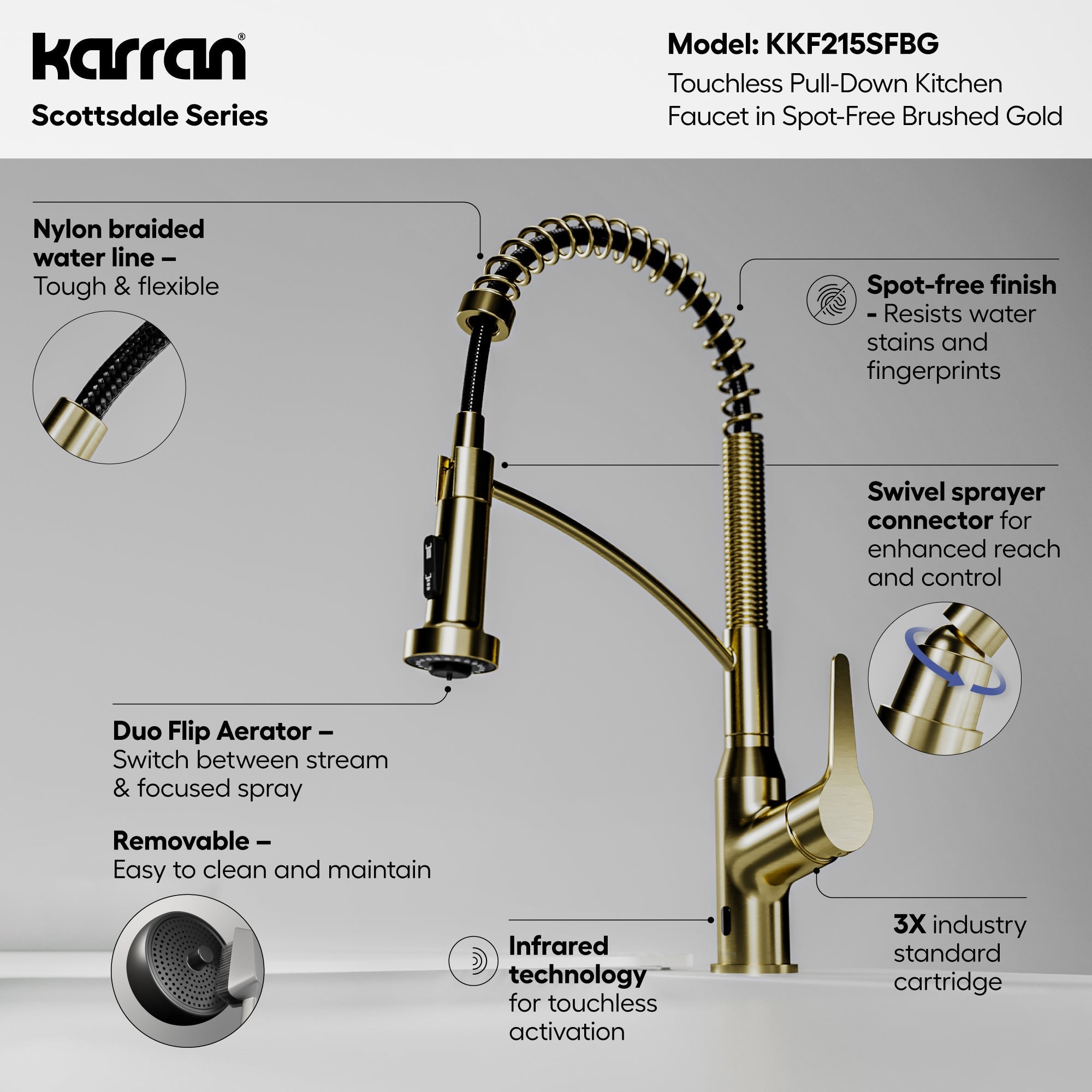 Scottsdale Single Handle Pull-Down Sprayer Touchless Kitchen Faucet In Spot-Free Brushed Gold