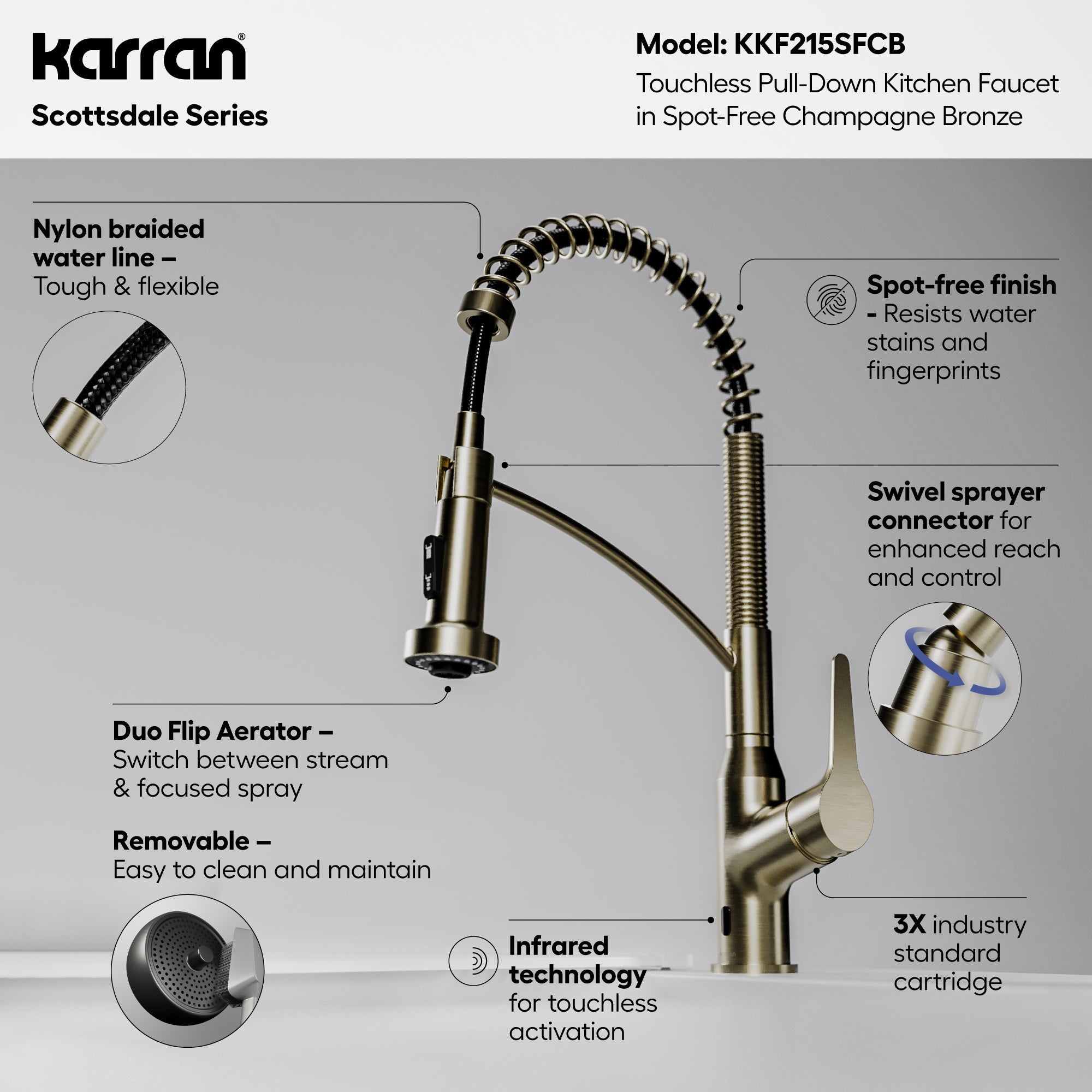 Scottsdale Single Handle Pull-Down Sprayer Touchless Kitchen Faucet In Spot-Free Champagne Bronze