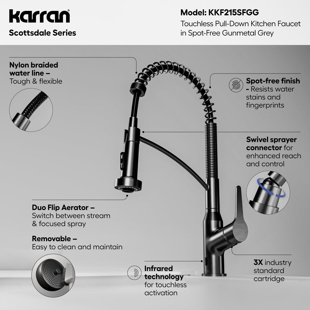 Scottsdale Single Handle Pull-Down Sprayer Touchless Kitchen Faucet In Spot-Free Gunmetal Grey