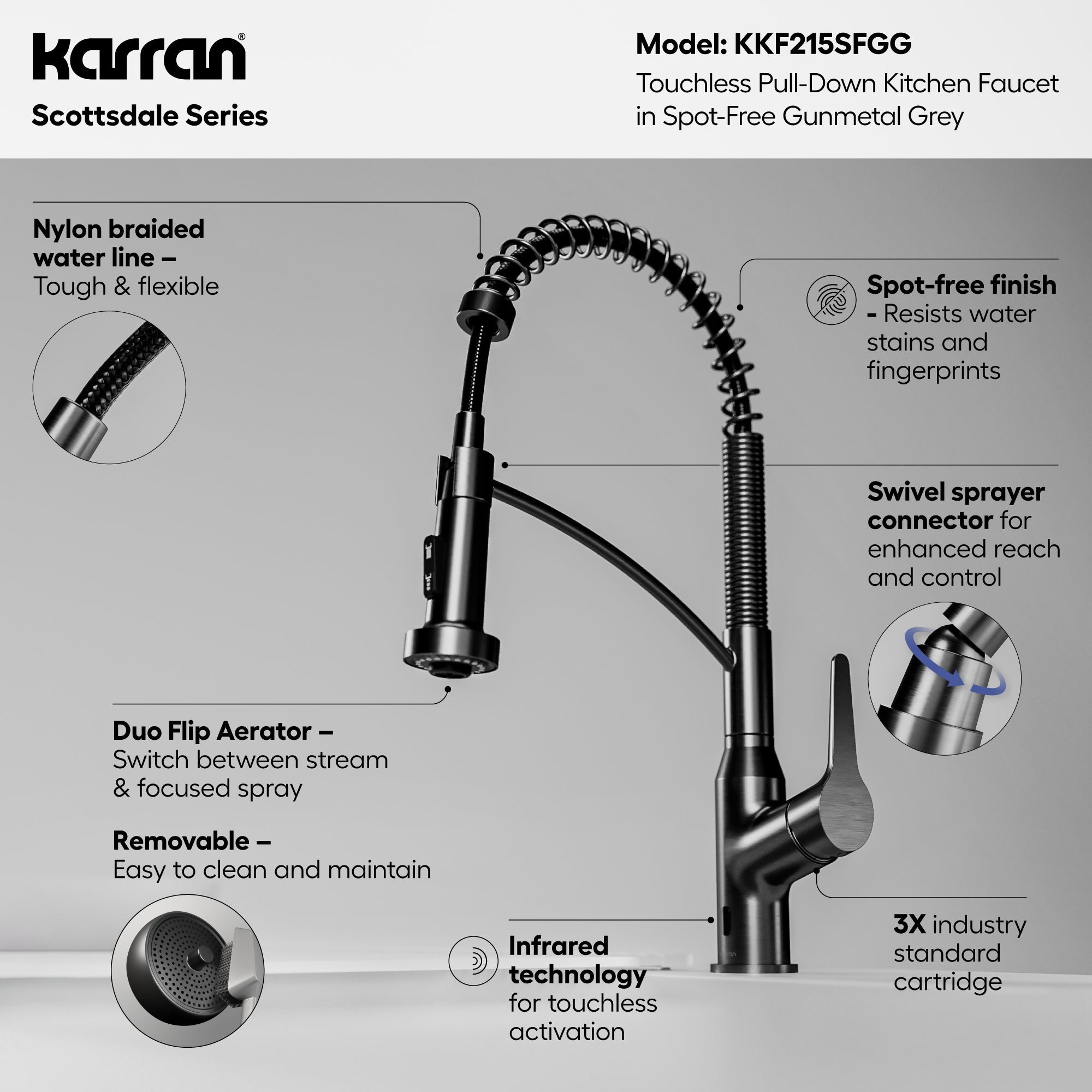 Scottsdale Single Handle Pull-Down Sprayer Touchless Kitchen Faucet In Spot-Free Gunmetal Grey