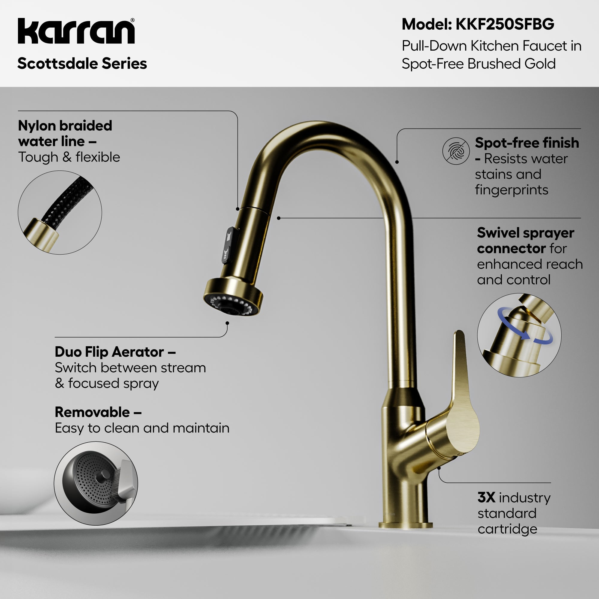Scottsdale Single Handle Pull-Down Sprayer Kitchen Faucet In Spot-Free Brushed Gold