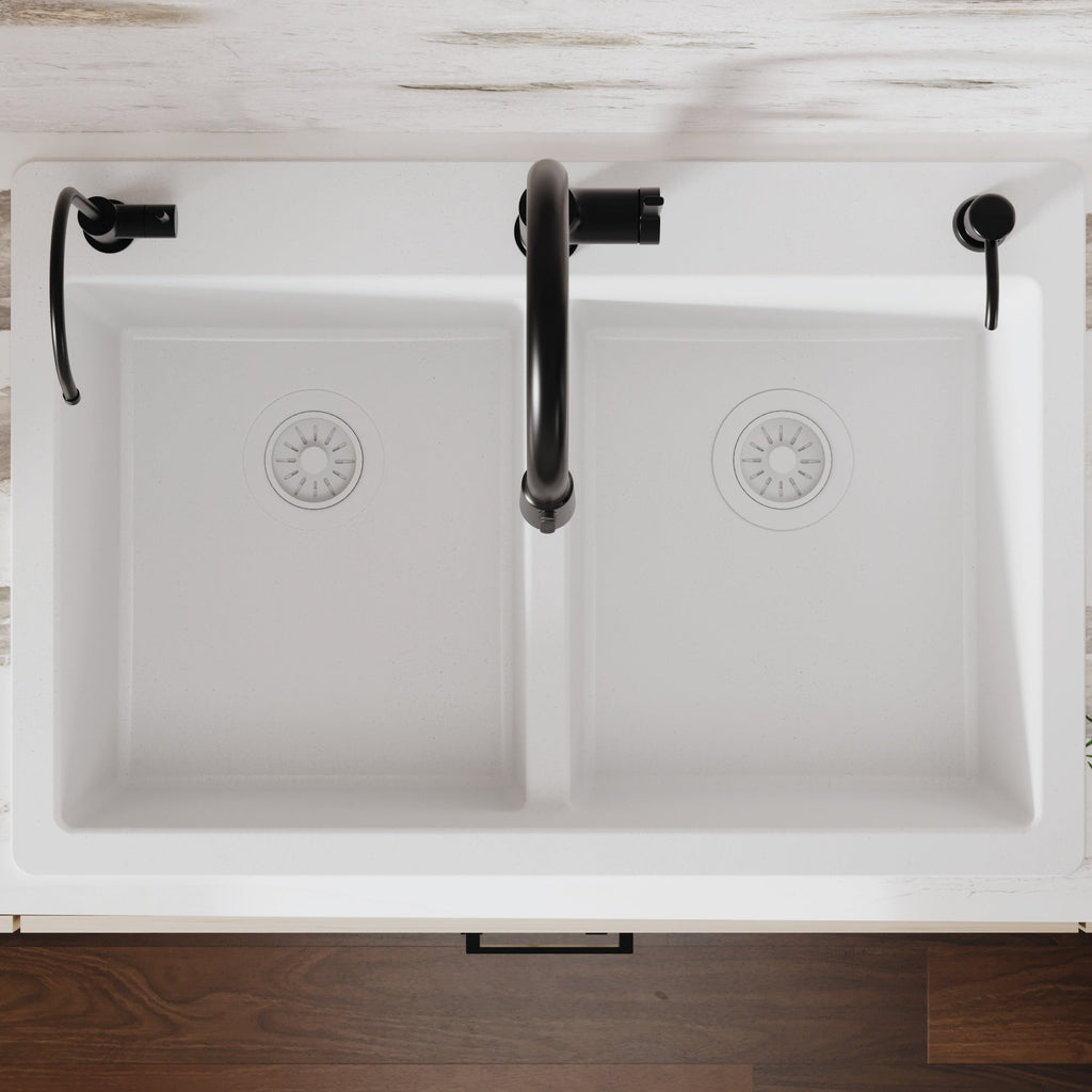 33" Top Mount Double Bowl Quartz Composite Kitchen Sink In White