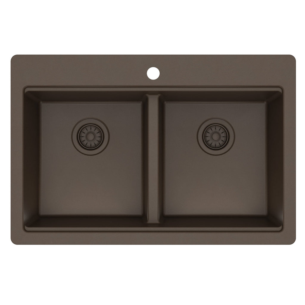 33" Top Mount Double Bowl Quartz Kitchen Sink Kit In Brown