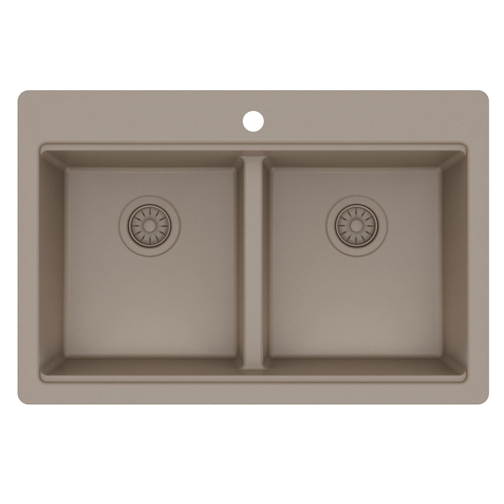 33" Top Mount Double Bowl Quartz Kitchen Sink Kit In Concrete