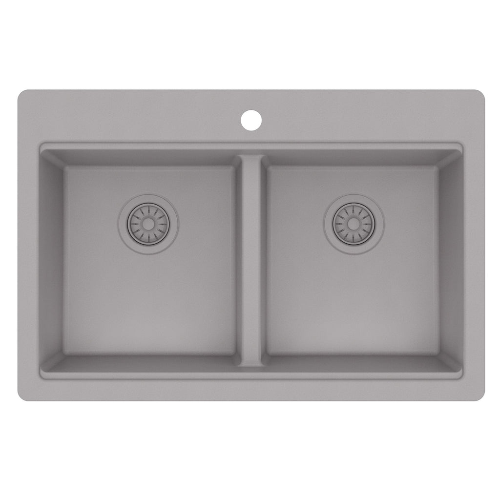 33" Top Mount Double Bowl Quartz Kitchen Sink Kit In Grey